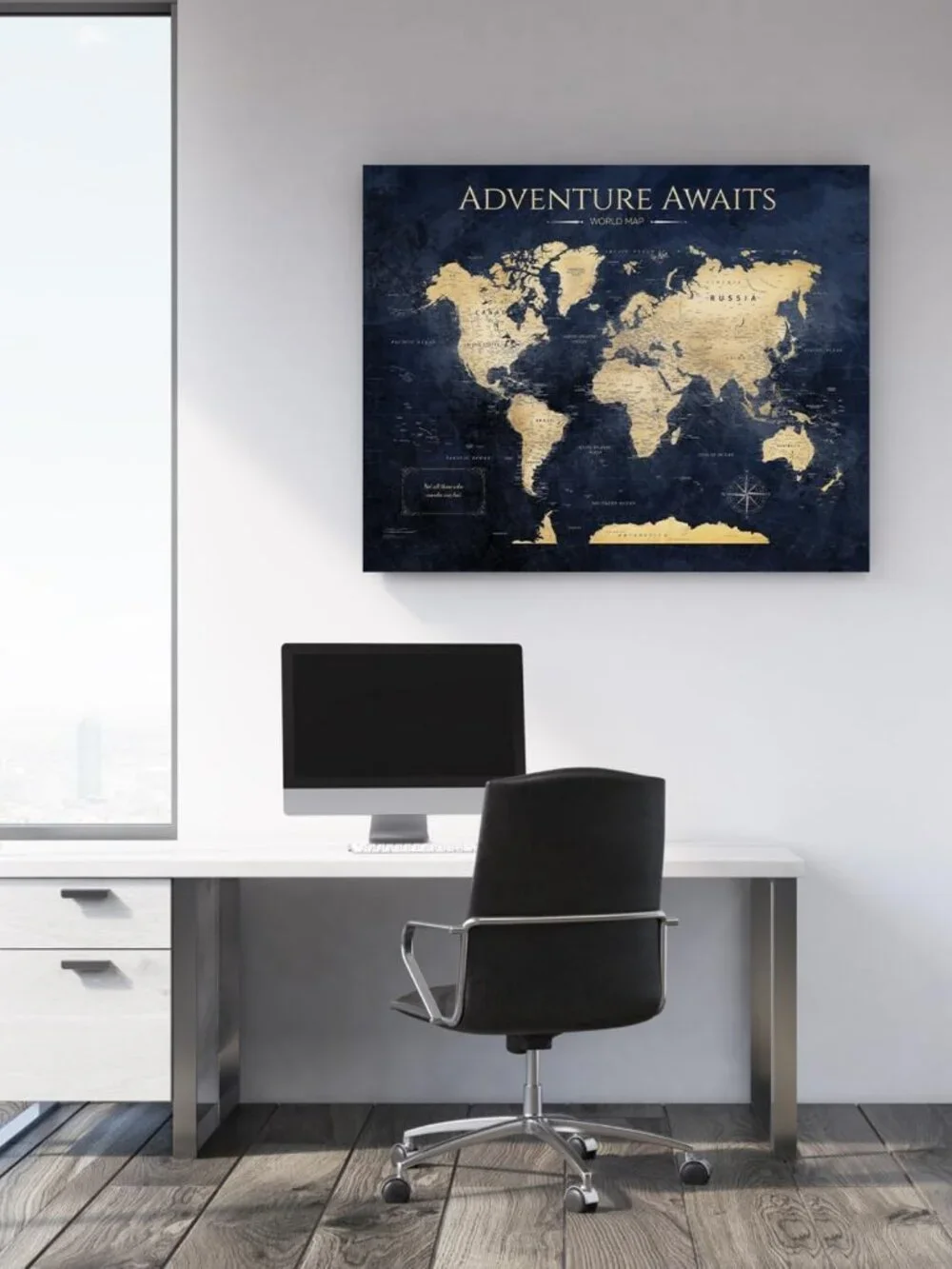 Vintage Teal World Map Canvas Art for Wall Decor, 30x24 in, Home Aesthetic